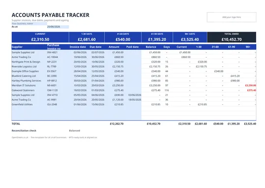 Preview of Free accounts payable template for UK businesses