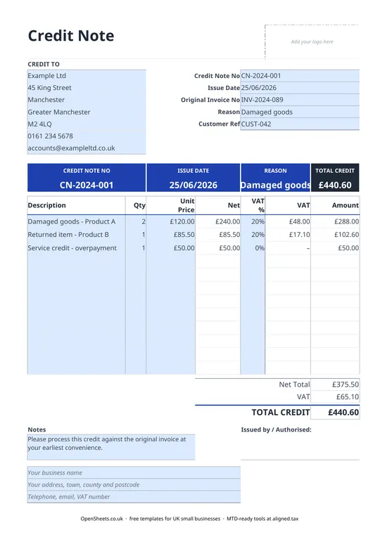 Preview of Free UK credit note template