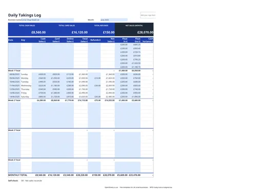 Preview of Free UK daily takings sheet for retail and hospitality