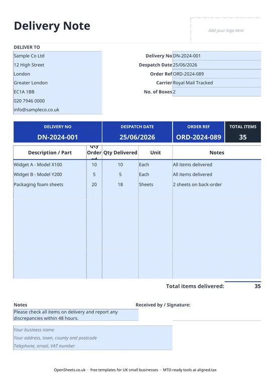 Preview of Free UK delivery note template