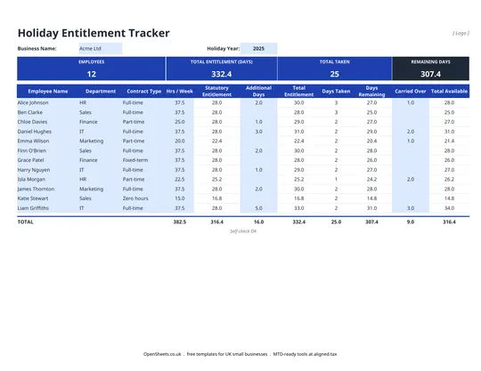 Preview of Free UK holiday entitlement calculator and tracker