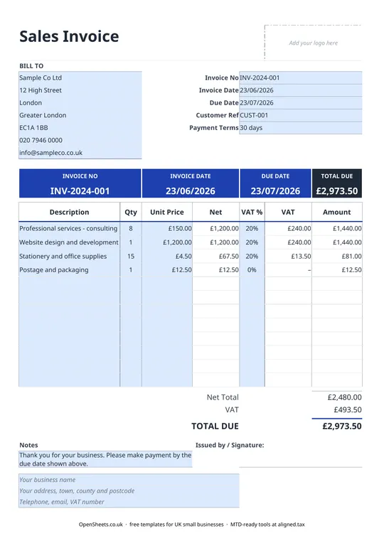 Preview of Free UK invoice template