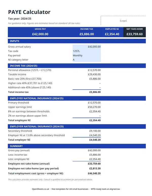 Preview of Free UK PAYE calculator spreadsheet