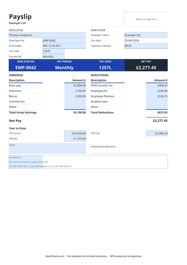 Preview of Free UK payslip template