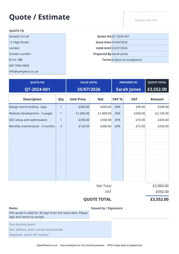 Preview of Free UK quote template