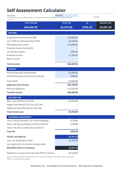 Preview of Free UK self assessment tax calculator