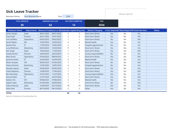 Preview of Free UK sick leave tracker: Excel template