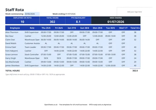 Preview of Free UK staff rota template
