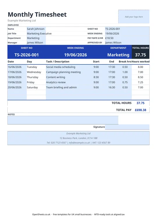 Preview of Free UK timesheet template